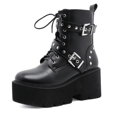 35-43 Sexy Nieten Herbststiefel Damen Plateaustiefel Schwarz Leder Gothic Punk Style Kampfstiefel Für Damen Mid Heels Bequem