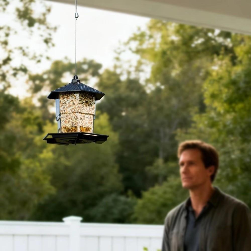 Tower Shape Hanging Bird Feeder Transparent Bird Food Container Bird Perch Tray Balcony