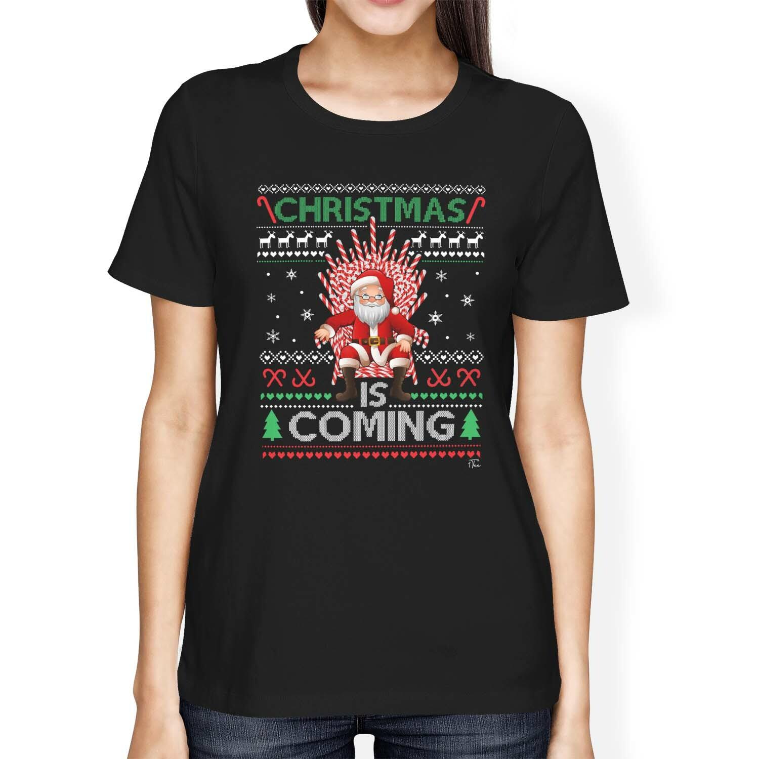 1Tee Womens Loose Fit Christmas is Coming Santa on a Candy Cane Throne T-Shirt M