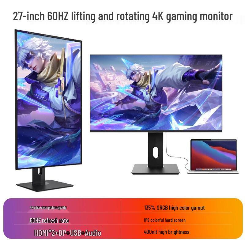 24" Rotating Vertical Monitor, 27" 4K 144Hz IPS Design Secondary Display
