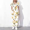 Women Plus Size Blue White Floral Printed Cutout Neck Short Sleeve Scrub Top With Pockets And Long Pants Set