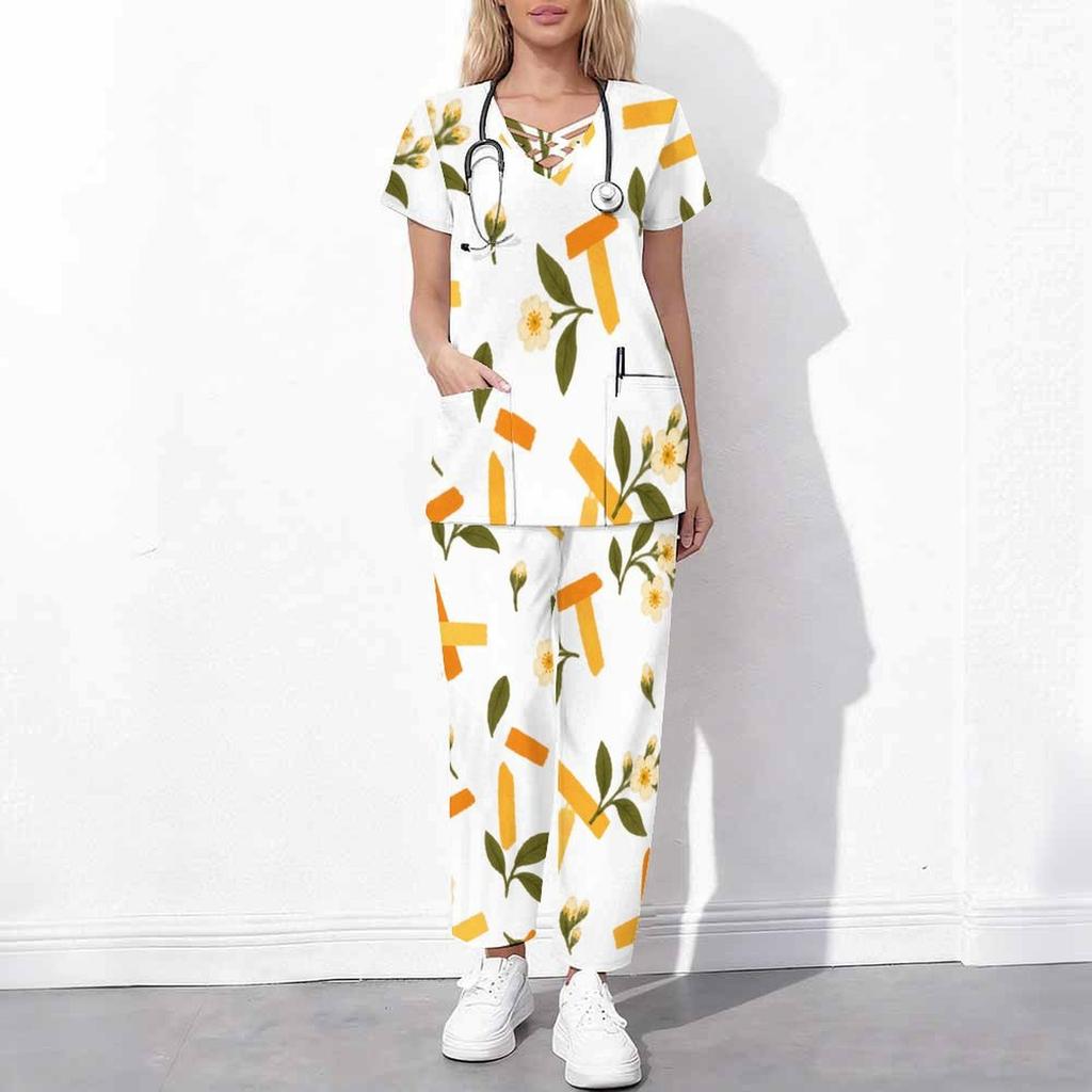 Women Plus Size Blue White Floral Printed Cutout Neck Short Sleeve Scrub Top With Pockets And Long Pants Set