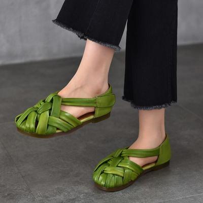Echtes Leder Flache Römische Sandalen Gewebt Durchbrochen Atmungsaktive Damenschuhe