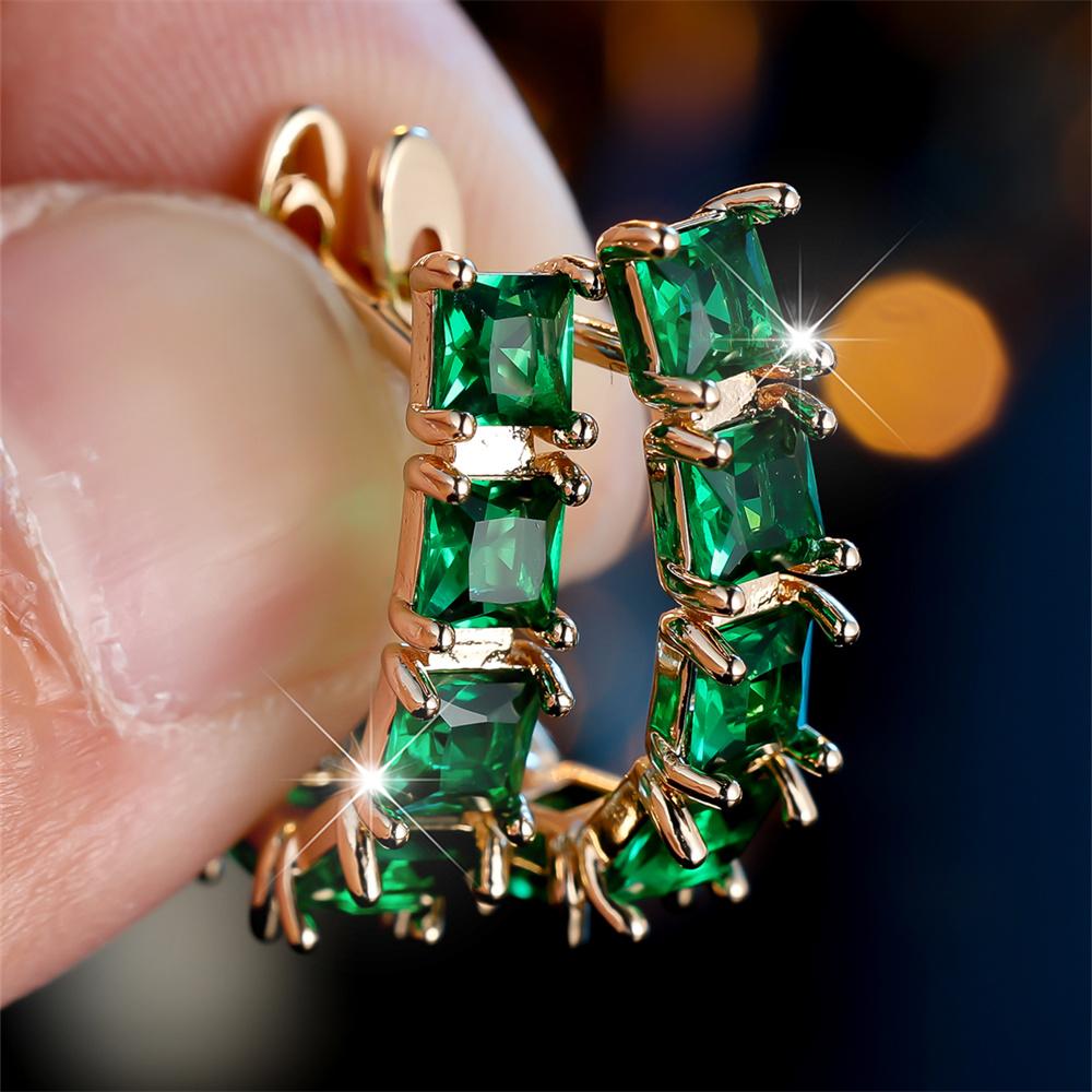 Green Zircon Square Stone Luxury Crystal Hoop Earrings For Women Vintage Gold Color Ear Buckle Wedding Jewelry Versatile Gifts