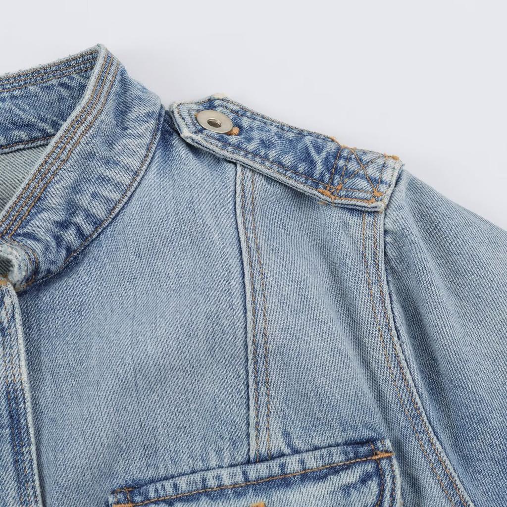 Autumn new multi-pocket zipper decorative elastic waist denim jacket 8727270