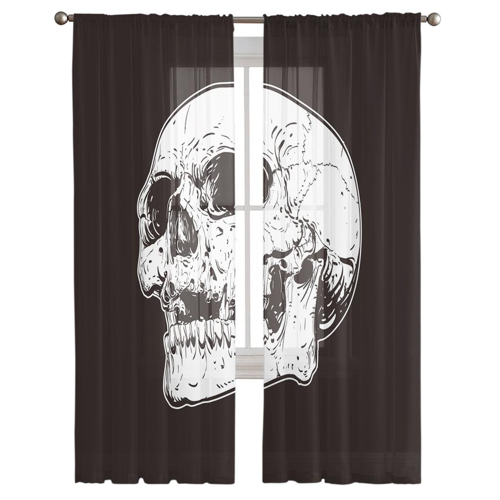 Schwarzer Totenkopf Gesichter Knochen Kunst Vorhang für Wohnzimmer Transparente Tüll Vorhänge Fenster Sheer für das Schlafzimmer Zubehör Dekor