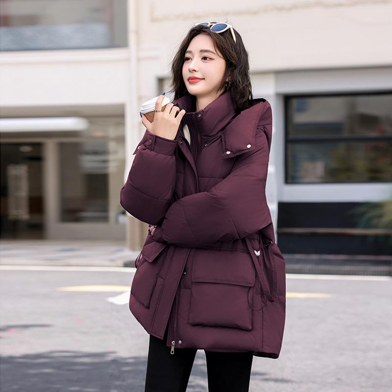 Women's Hooded Drawstring Waist Puffer Jacket with Pockets Solid Color Winter Coat