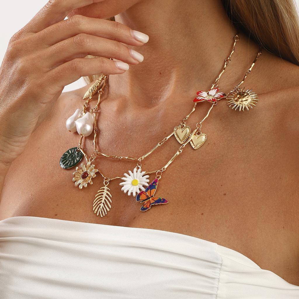 Trend Personality Multi-element Pendant Necklace Vacation Style Colored Oil Drip Flower Sun Butterfly Clavicle Chain