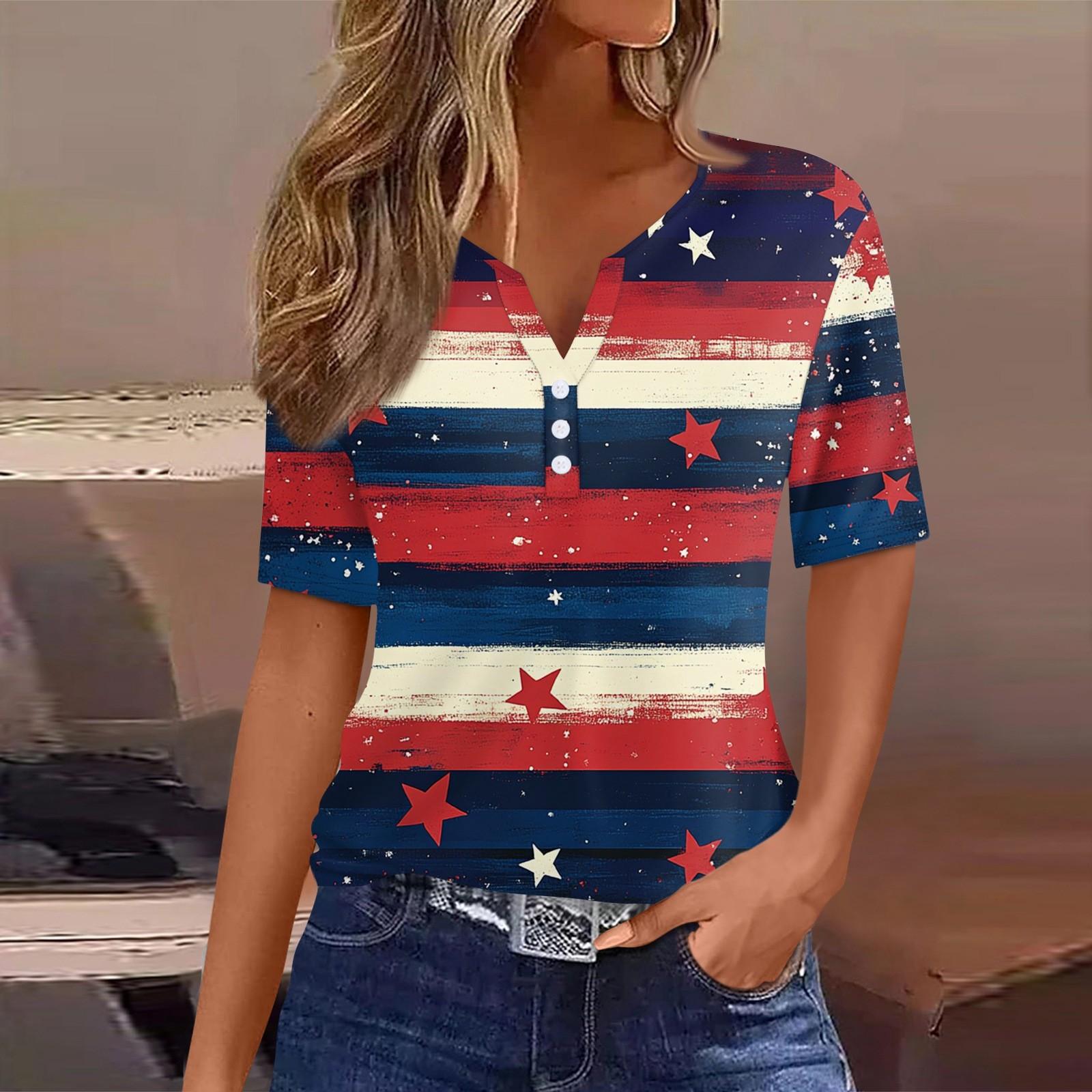 

Женская футболка с принтом «День независимости» на пуговицах с коротким рукавом, туника, повседневная мода на выходные, базовый топ с V-образным вырезом L