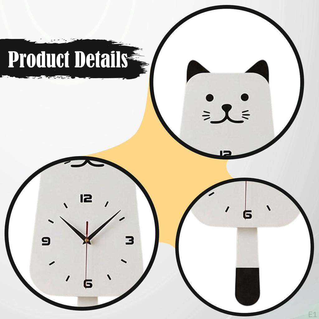 Pendulum Wall Clock Decoration Adorable Cat with Wagging Tail Fun Silent Acrylic for Office