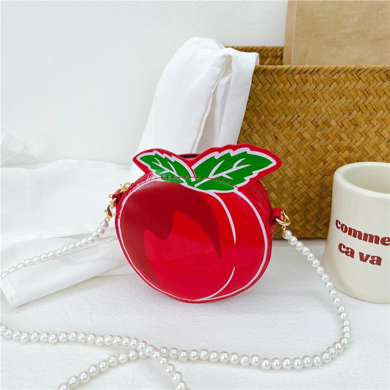 Peach Children Shaped Shoulder Bag Simulation Pearl Chain Casual Bag Crossbody