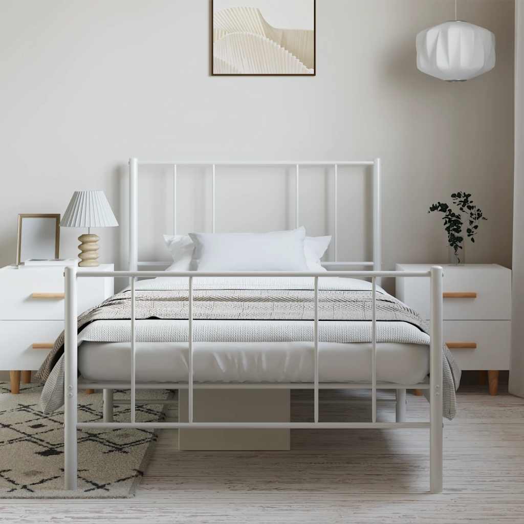 Vidaxl Metal Bed Frame with Headboard and Footboard, White, 100X190 Cm