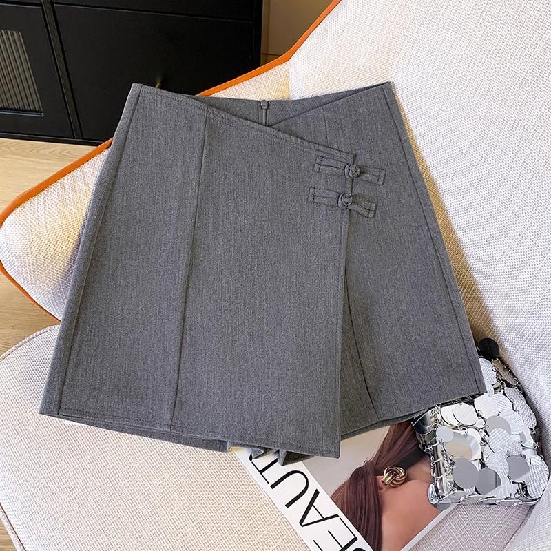 

Women s Gray A-line Skirt with Chinese Frog Button & Slit Design. 3XL
