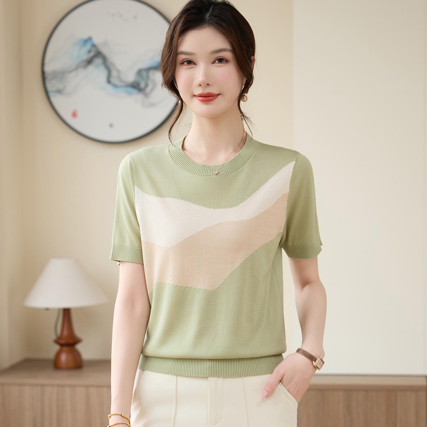 

Tencel 2026 Women s Ice Silk Summer Blouse - Short-Sleeve, Stylish Tee for Middle-Aged & Elderly Moms L (80-100 lbs) зелёный