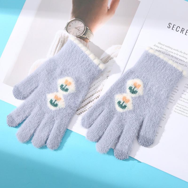 Ladies' thermal gloves, cold-proof in autumn and winter, thickened knitted wool, flowers, tulips, riding fingers