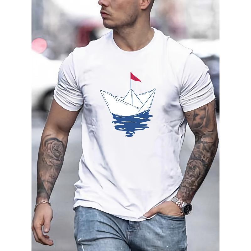 

European sizes Men s Short-sleeved T-shirt with Paper Boat Print for Spring, Summer, and Autumn Casual Wear S белый