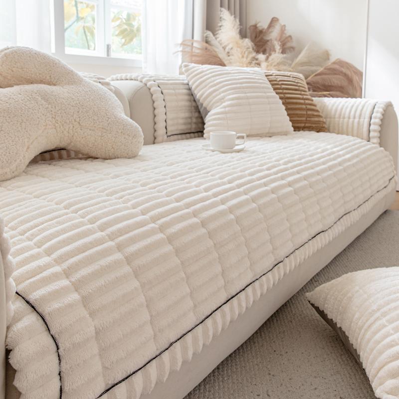 Thicken Stripe Flannel Quilting Anti-Slop Sofa Cover, Simplized Design Sofa Seat Pad Multiuse Washable Sofa Towel