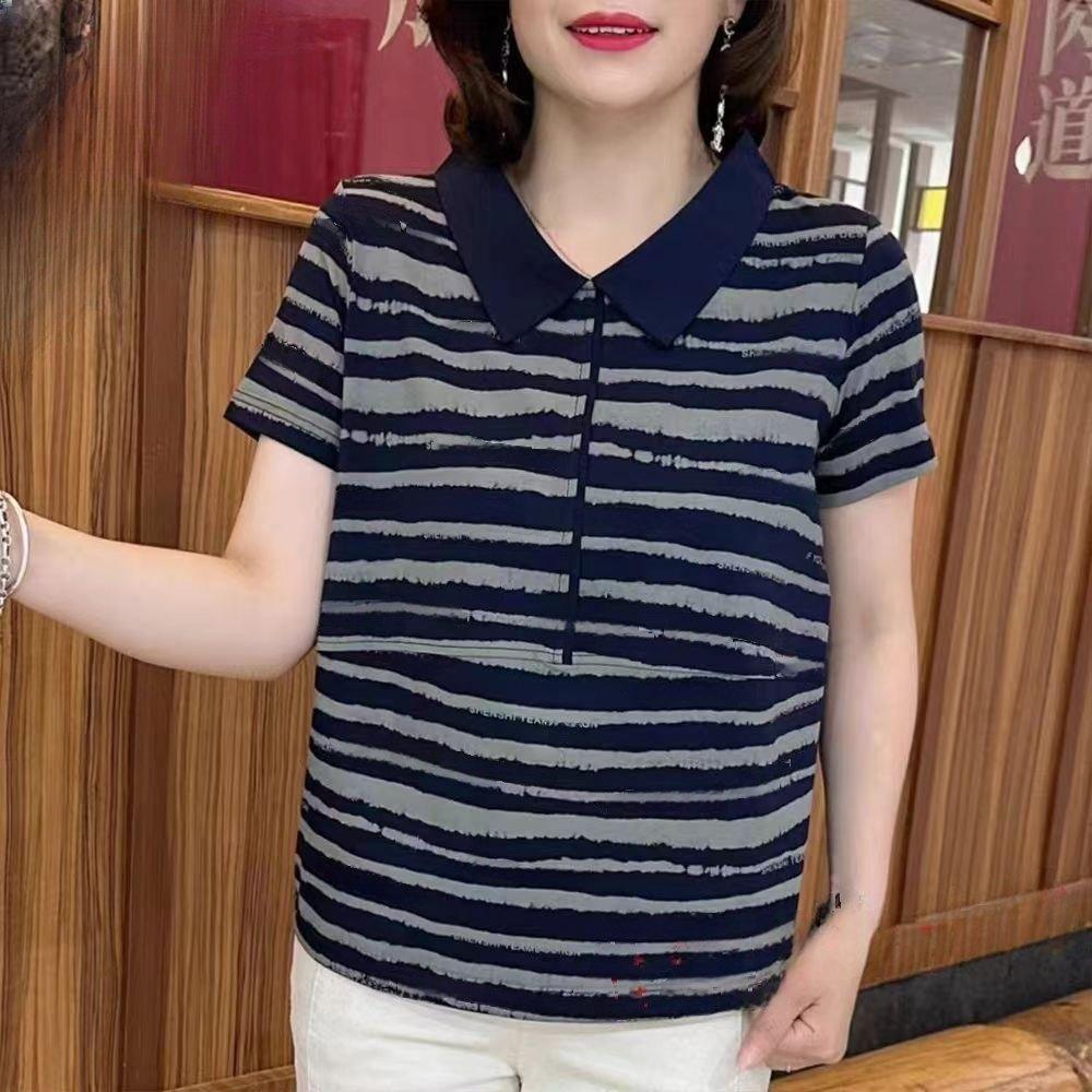 

Striped Short-sleeved T-shirt Women Casual Middle-aged Mothers Wear Loose Slim Lapel Pullover Top 4XL темно-синього кольору