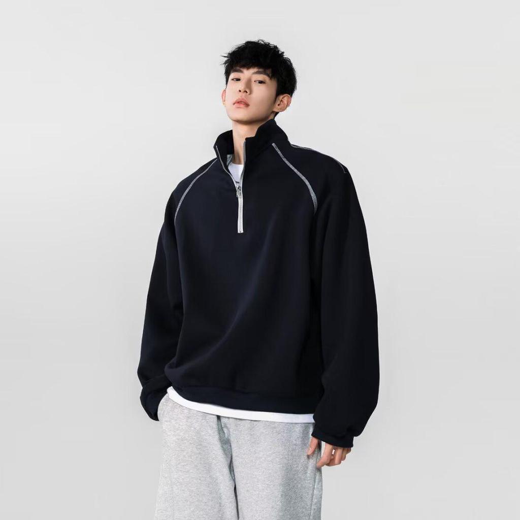 Men's American Street Style Double-Sided Fleece Half-Zip Long-Sleeve Solid Color Base Layer Top