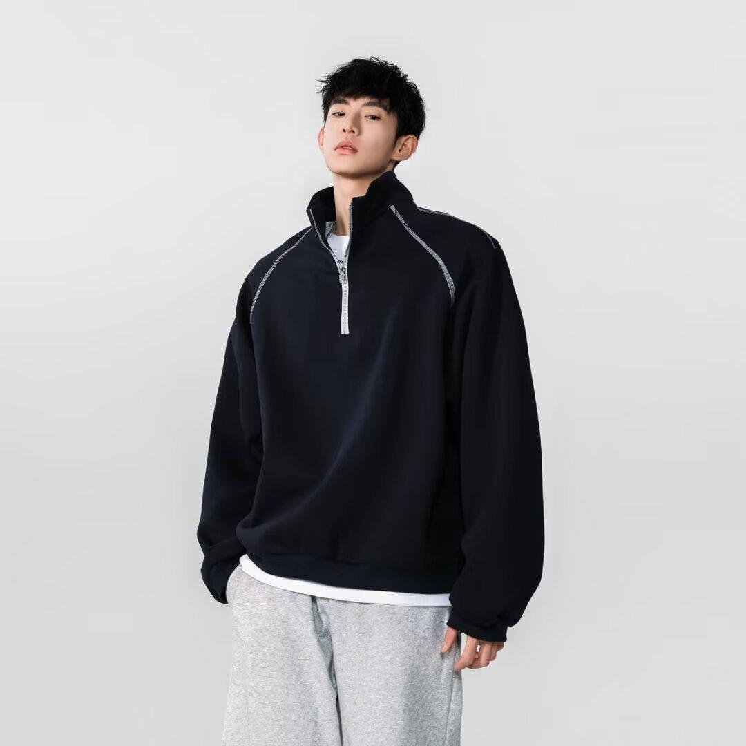 Men s American Street Style Double-Sided Fleece Half-Zip Long-Sleeve Solid Color Base Layer Top Extra Large тёмно-синий