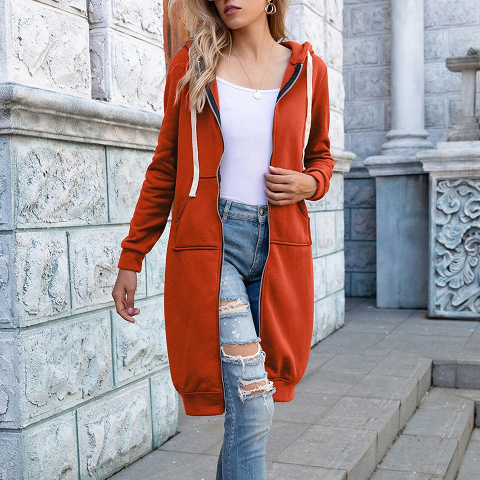 

Новое модное женское однотонное облегающее пальто средней длины с застежкой-молнией и круглым вырезом, с длинным рукавом и капюшоном L шафрановый