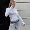 Autumn 2024 European & American Style Women's Slim Fit Solid Color Bell Sleeve Top