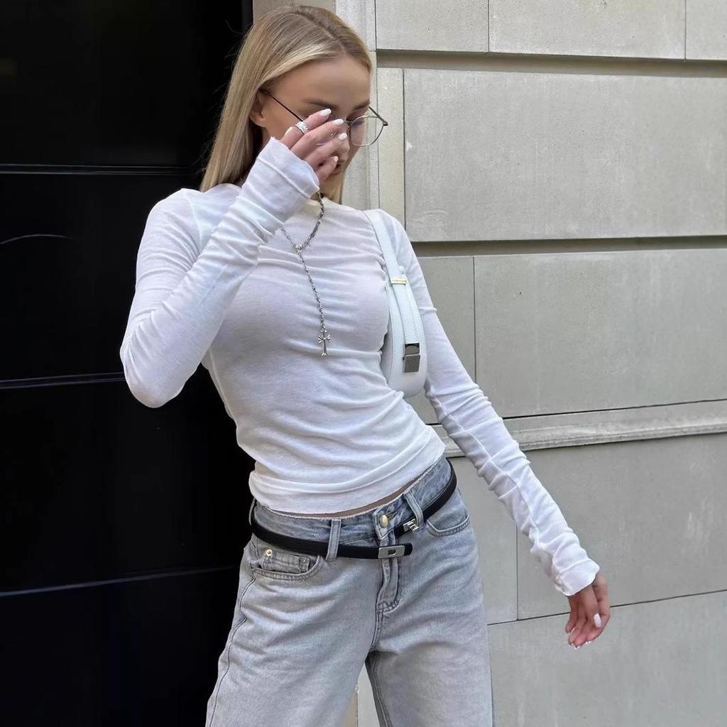 Autumn 2024 European & American Style Women's Slim Fit Solid Color Bell Sleeve Top