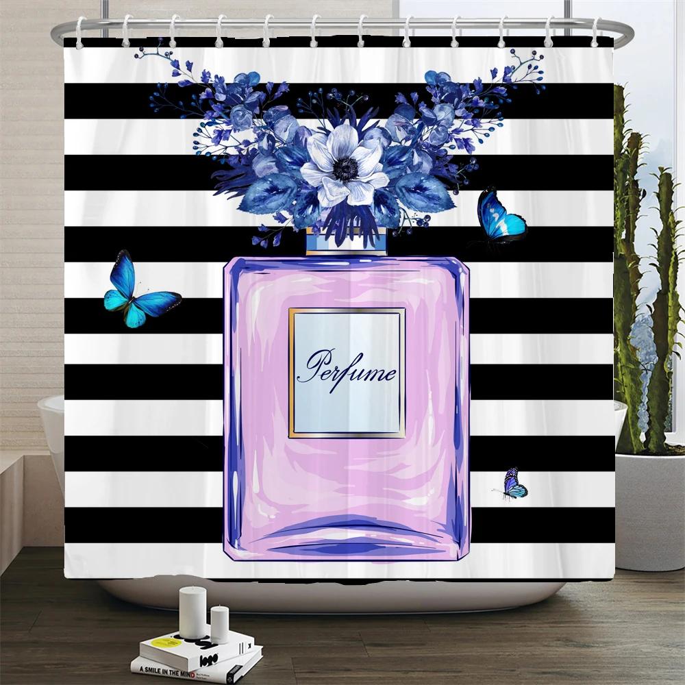 Perfume Bottle Flower Shower Curtain Set Black White Stripes Fashion Girl Woman Bathroom Decor Polyester Bath Curtains Hooks
