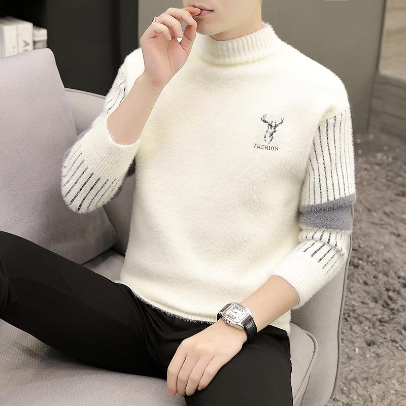 

Men s Imitation Mink Velvet Color Block Sweater - Trendy Korean Style, Thickened Knitwear for Autumn/Winter. M білий