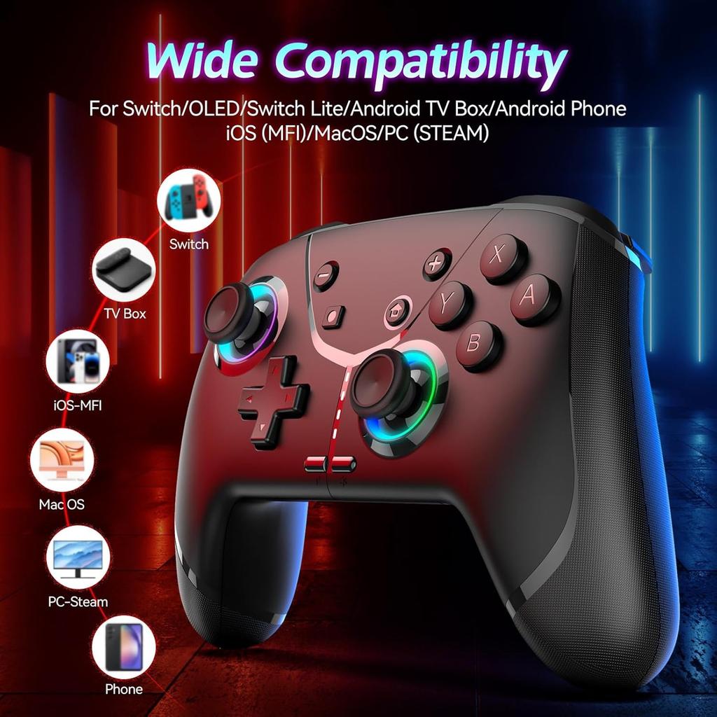 Switch Wireless Pro Controller for Switch/Lite/OLED, 4 Vibration Modes, 3 Turbo Modes for PC/Steam/TV with Programming/6-Axis/Motion/Wake-up/RGB