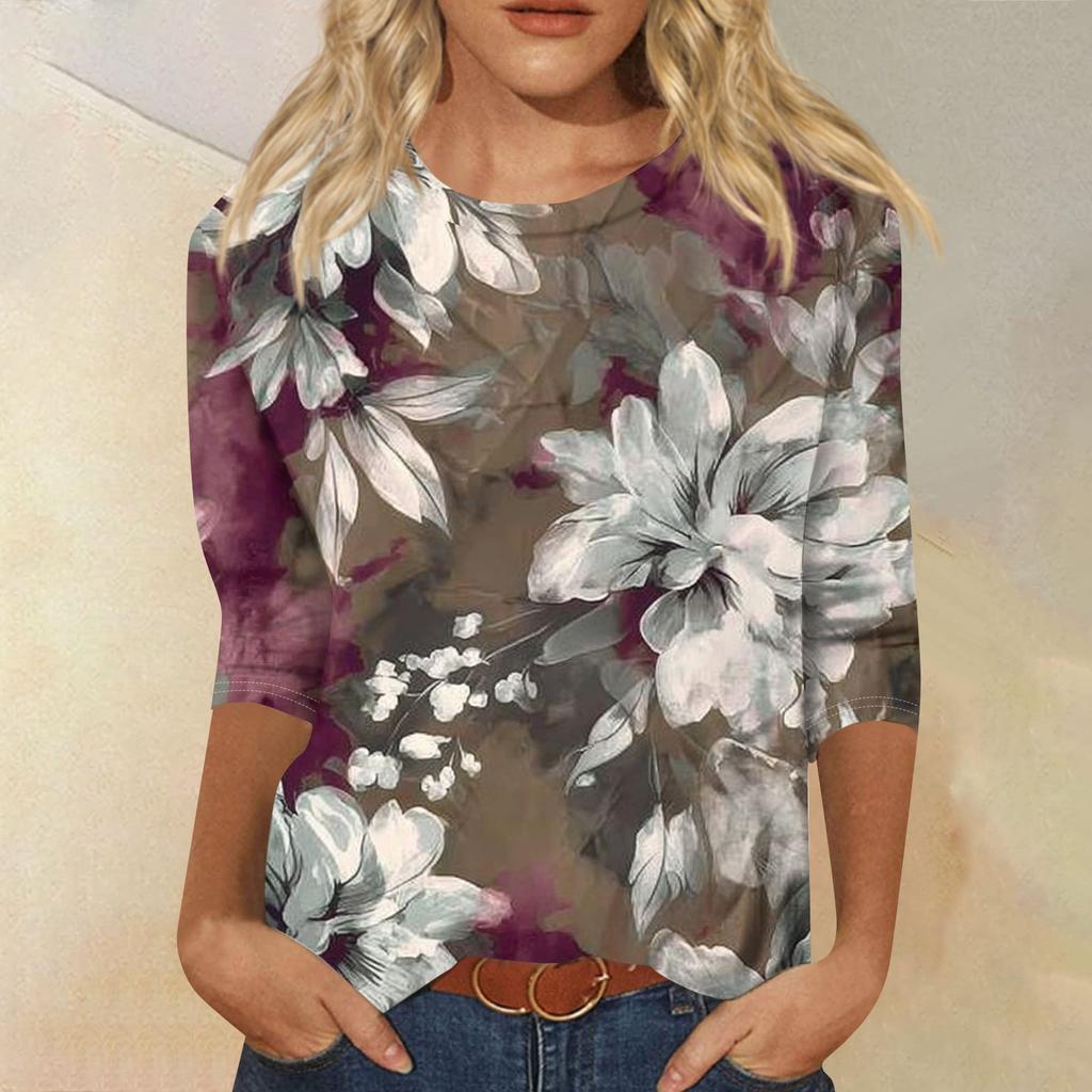Damenmode Lässiges T-Shirt mit Rundhalsausschnitt und Dreiviertelärmeln und Aufdruck
