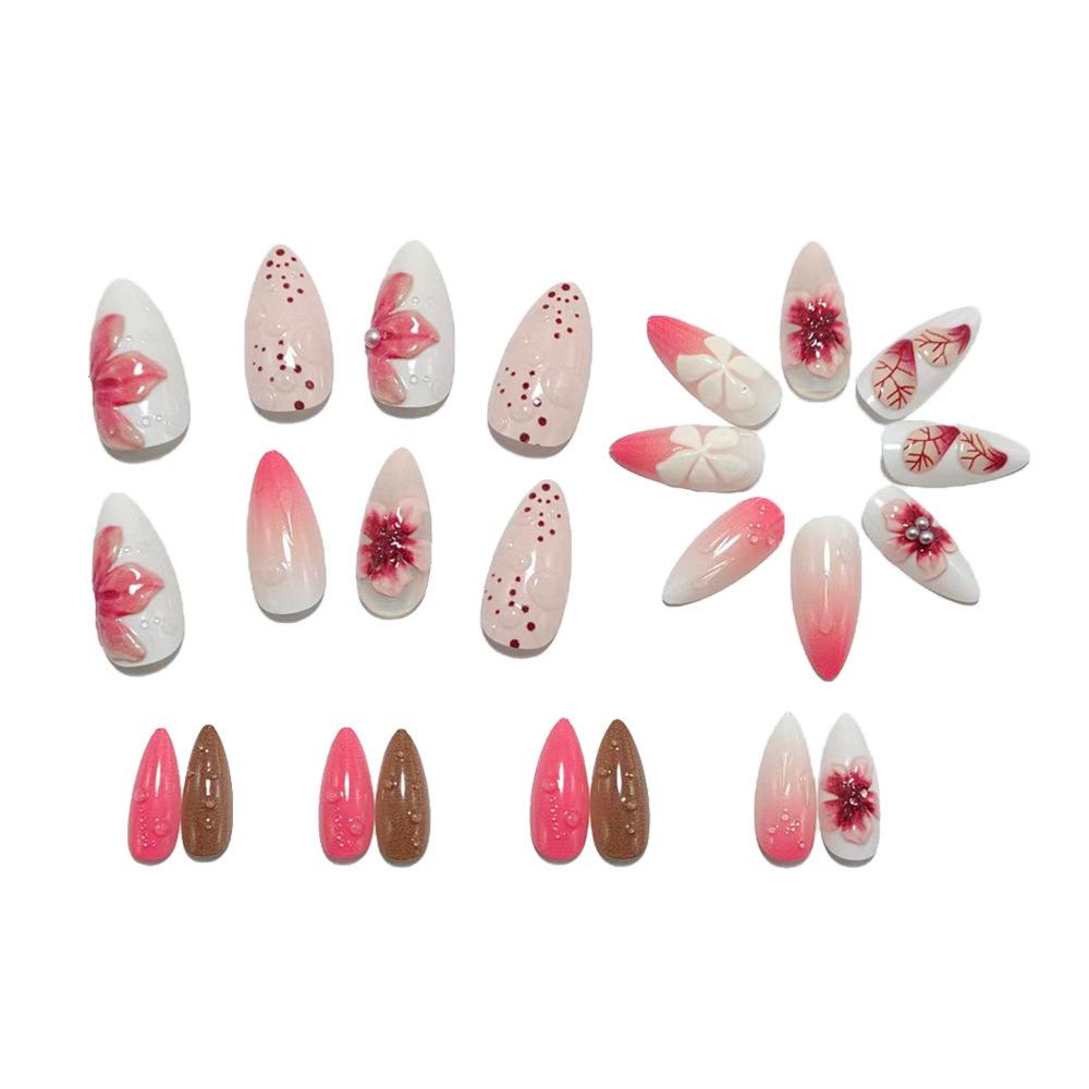 3D Floral Wearable Fake Nails - Medium Almond Shape