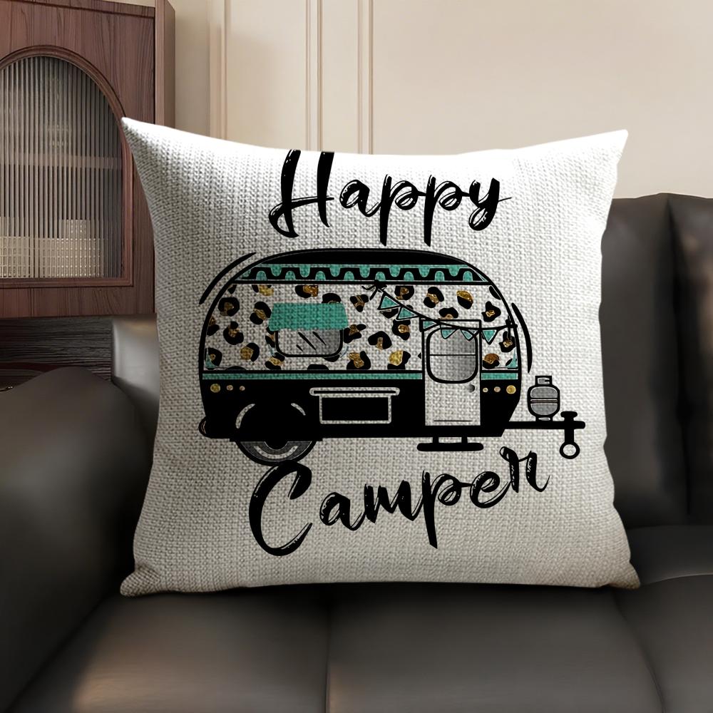 Happy Camping RV Camper Car Cushion Cover Natural Linen Organic Fabric DoubleSided Printing Sofa Home Decor Gift Pillow Case