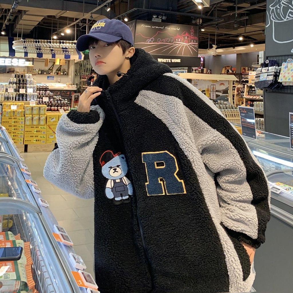 Men's Winter Lambswool Hooded Jacket: Loose, Plush, Trendy Korean Style for Couples.