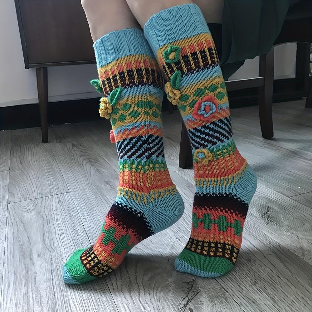 Paar Damen Handgehäkelte Bodensocken Wadenlang Bunte Socken Herbst & Winter INS-Stil Lange Damen Gehäkelte Bodensocken