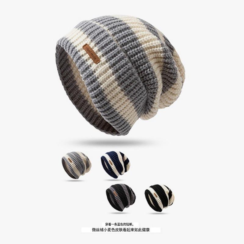 Womens Knit Beanie Hat With Striped Warm Ear Protection Winter Cap Adjustable Foldable