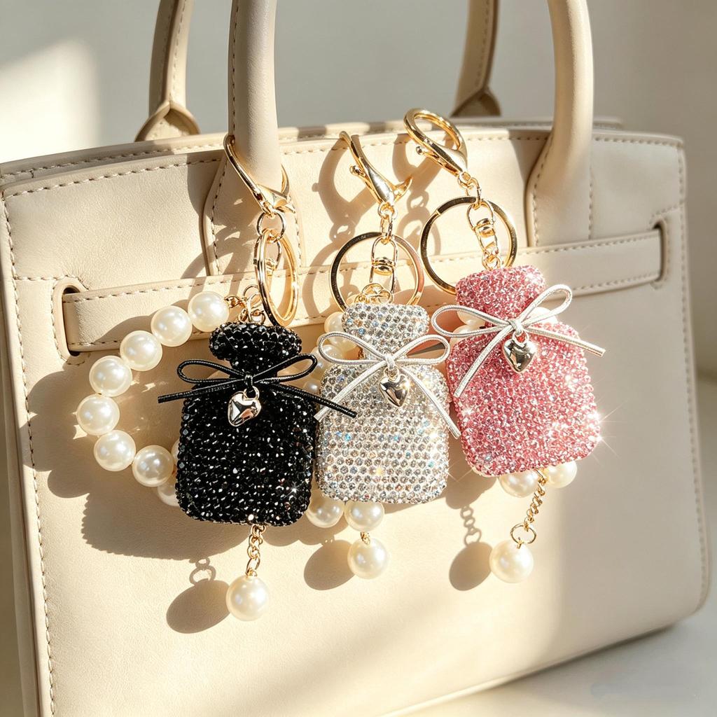 Sparkling Crystal Perfume Bottle Keychain Set, Rhinestone Bag Charm with Tassel,Luxury Bling Perfume Bottle Keyring