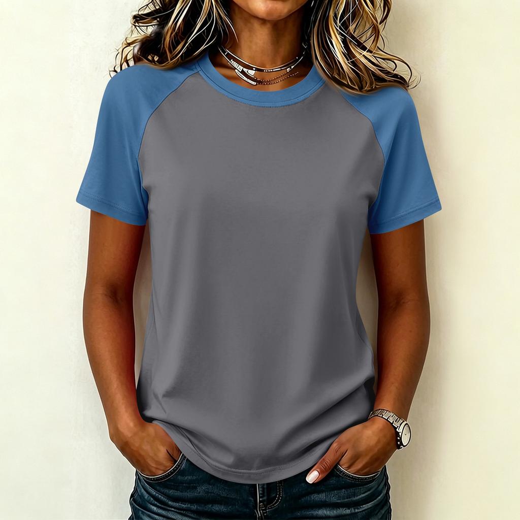 Women Casual Short Sleeve Raglan Sleeve T Shirt Crew Neck Color Block Loose Fit Lightweight Summer Top