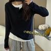 Small-breasted fake two-piece T-shirt women's long-sleeved early autumn design sense niche contrasting color loose top with bottoming shirt