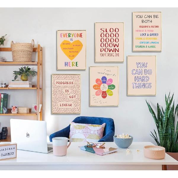 6Pcs Mental Health Wall Art Therapy Office Wall Decor Classroom Poster Motivational Pirational Quotes Pictures Boho Painting Positive Artwork Canvas