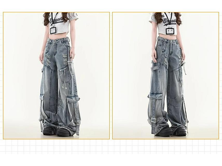Unisex Wide-Leg Multi-Pocket Ripped Blue Jeans with Deconstructed Ribbon