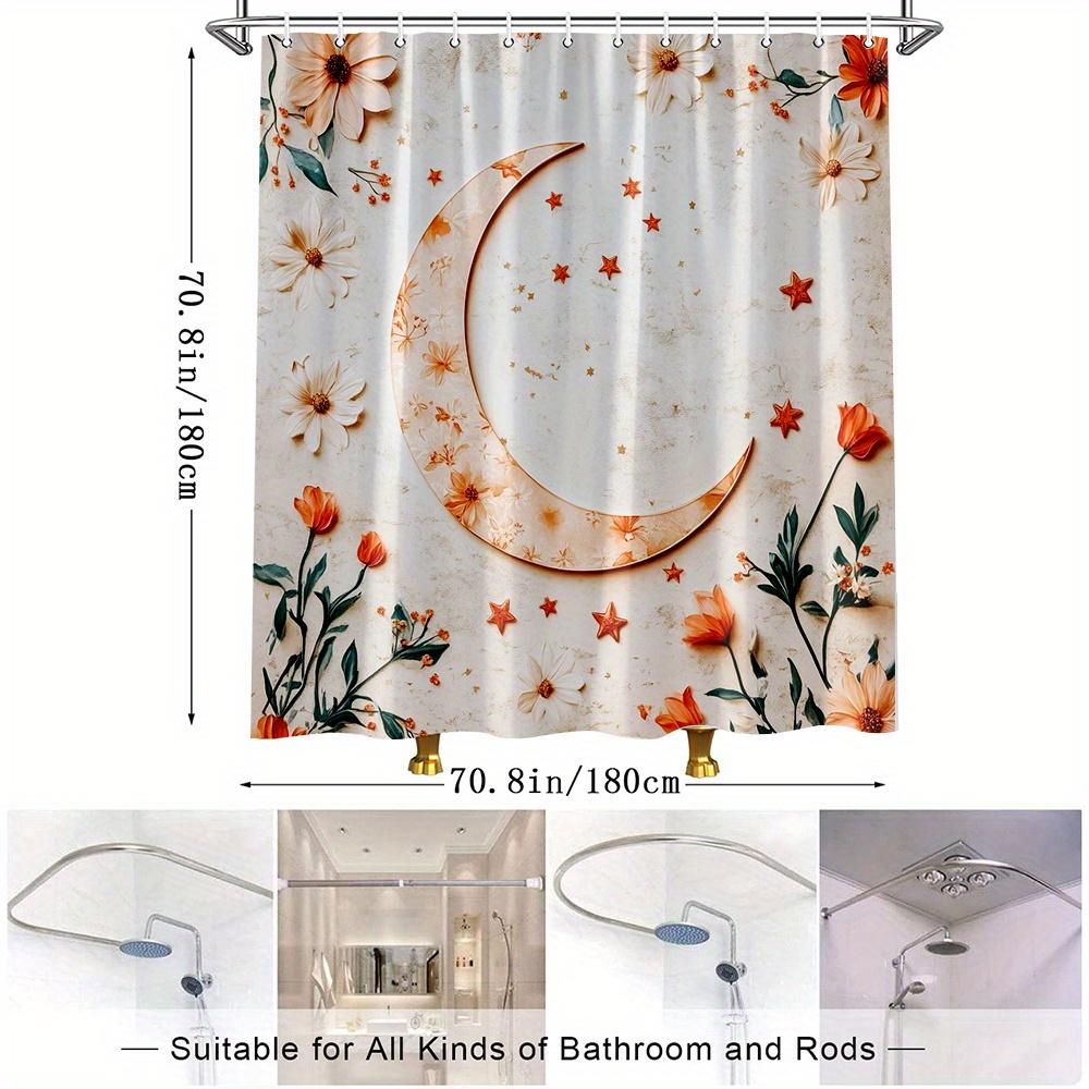 1Pc Charming Moon & Floral Shower Curtain - Elegant Bathroom Decor With Crescent Moon, Stars & Orange Flowers, Polyester Fabric,