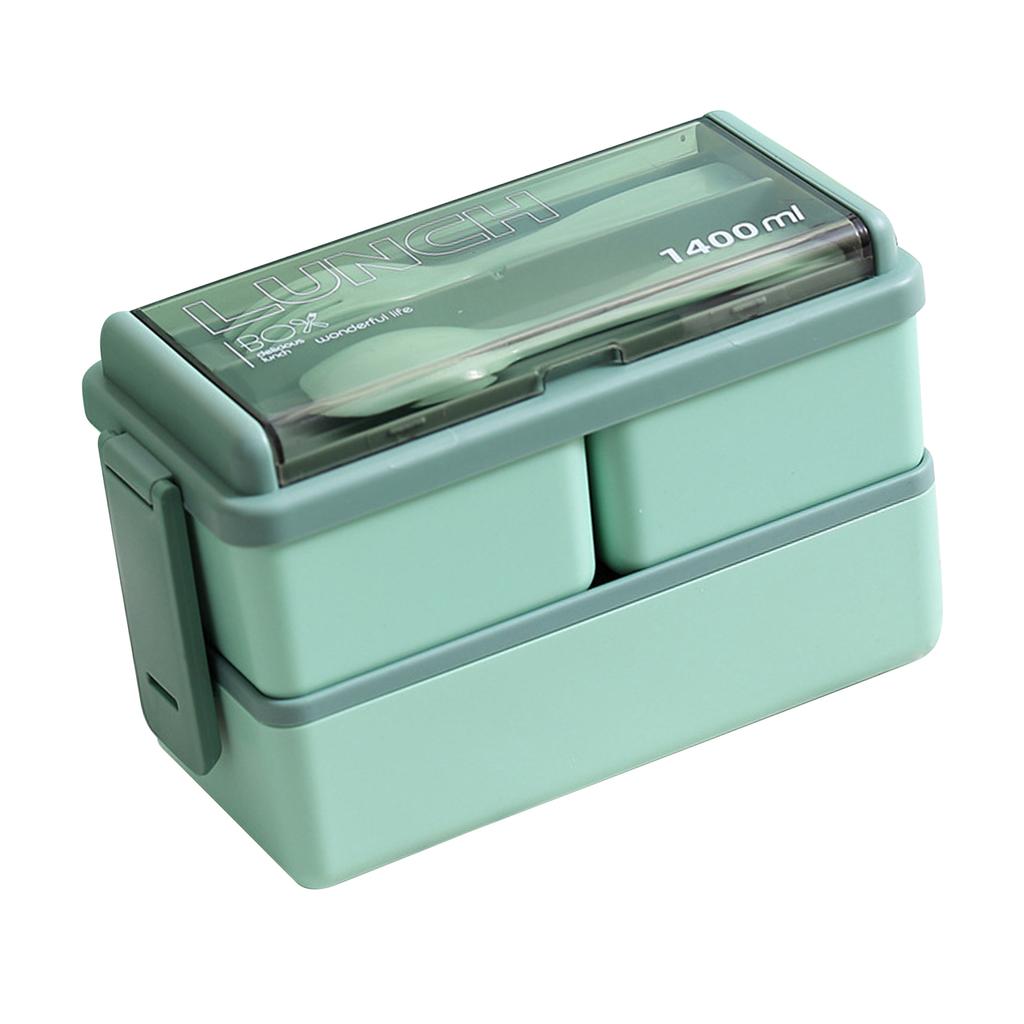 Bento Box Two Layers Green with Divider Food Grade Plastics Microwave Safe Lunch Container for