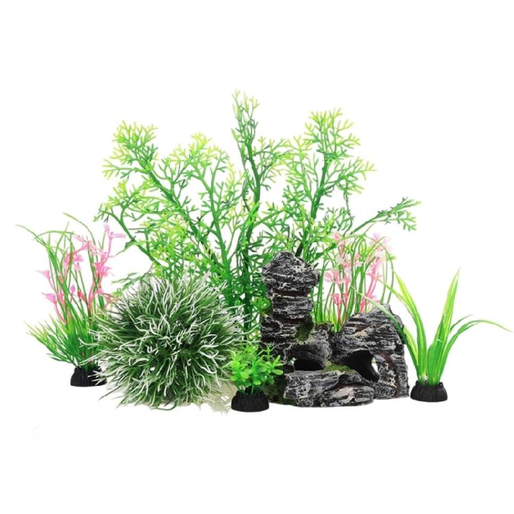 

Fishtanks Scene Decoration with 7Pieces Artificial Fishtanks Plastic Plant and Cave Rock Aquariums Landscaping Coral Grass