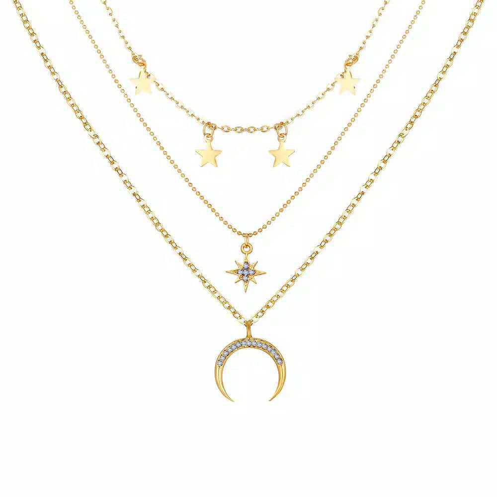 Star & Moon Multi-Layer Alloy Necklace - Hip-Hop Style Portrait Clavicle Chain