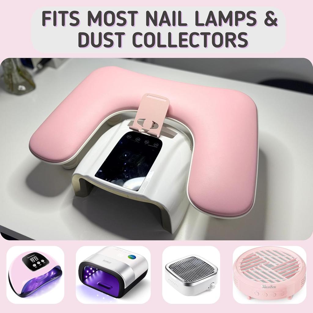 1pcs Pink Adjustable Height Nail Arm Rest with Rotating Phone Holde PU Leather Nail Tech Arm Rest, U-Shaped Hand Rest
