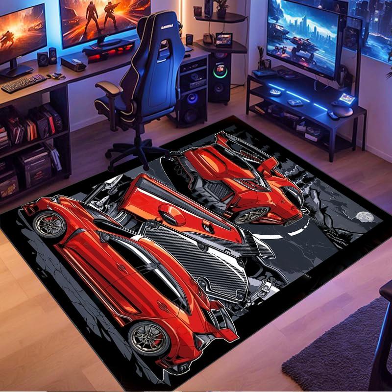 Red Supercars Night Mountain Scene Comic Print Area Rug Non‑Slip Rectangular Floor Mat Auto Enthusiast Decor for Gaming Bedroom Living Room