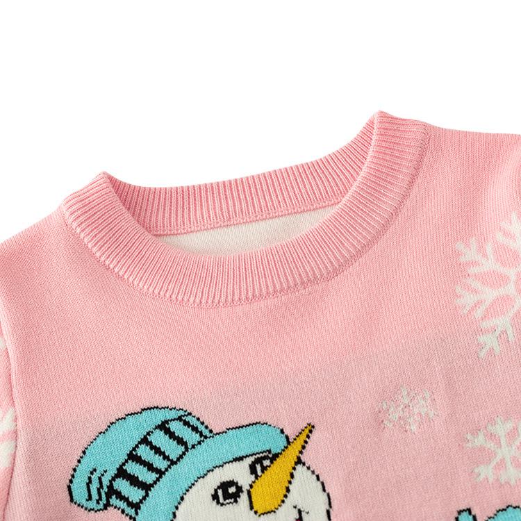 Girls' Double-Layer Snowman Jacquard Knit Pullover - Long-Sleeved Christmas Sweater for Autumn and Winter