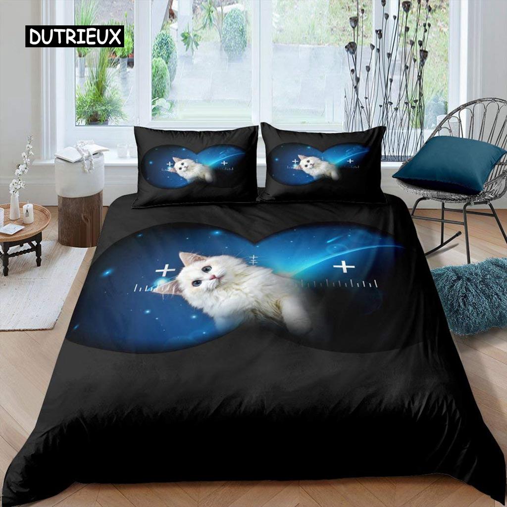 Galaxy Cat Duvet Cover Set Microfiber Universe Galaxy Bedding Set Cute Kitten Comforter Cover Outer Space Planets Quilt Cover