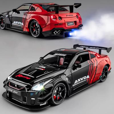 Neu 1:24 GTR Legierungsauto Spielzeug Diecast Modell Sprühversion Vorderradlenkung Türen zum Öffnen Sound Licht Rückzugsfahrzeug Weihnachtsgeschenk